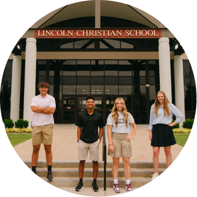 students in front of Lincoln Christian School